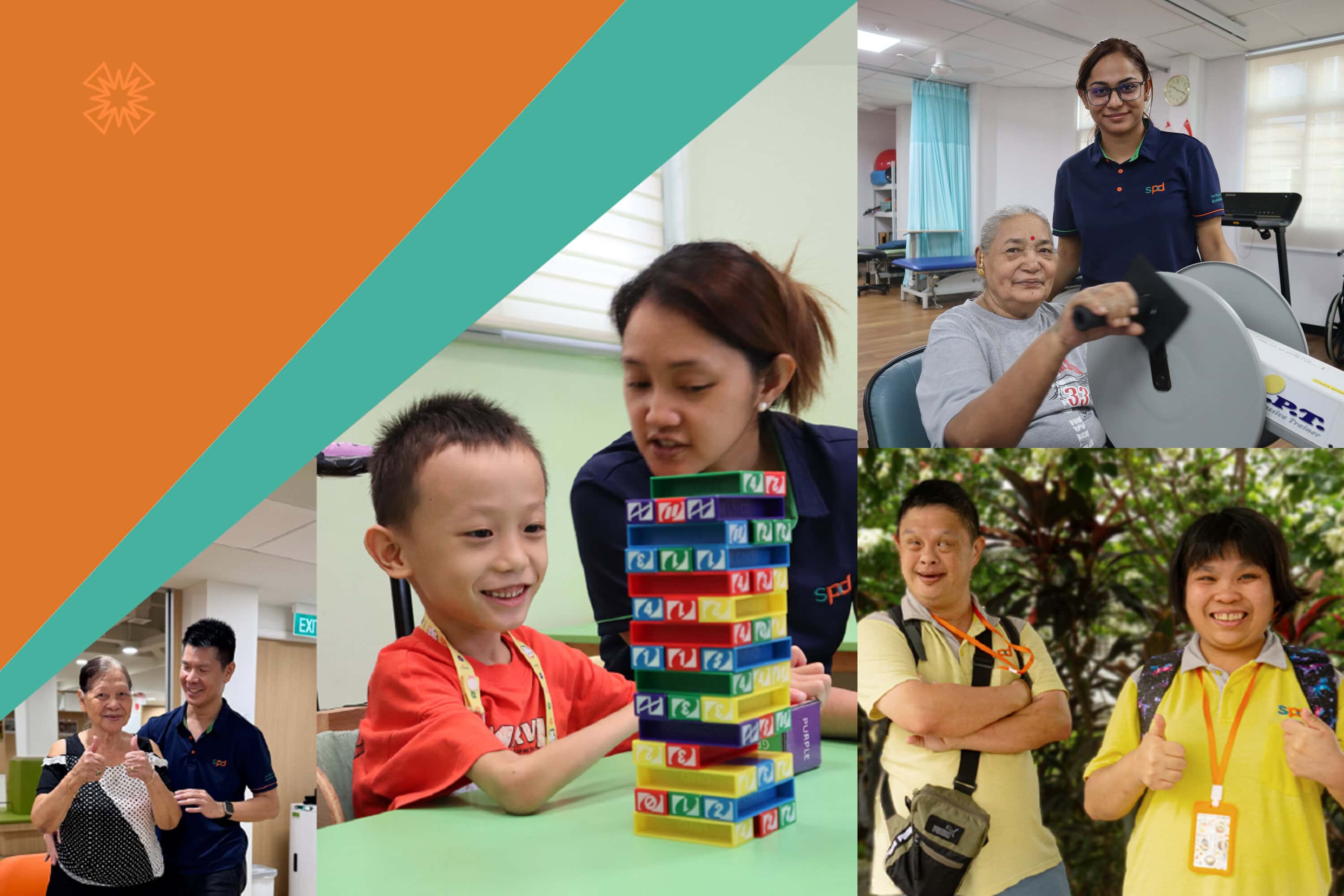 Collage of S P D staff and clients, including professionals with seniors in their rehabilitation exercises, 2 D A C clients smiling and a teacher with a young child playing Jenga.