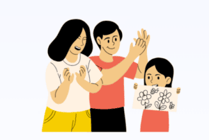 Parents applauding a child who is showing a picture of flowers and bees that she drew.