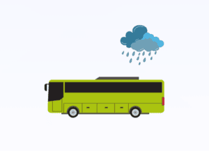Illustration of a bus rained upon by some grey clouds.