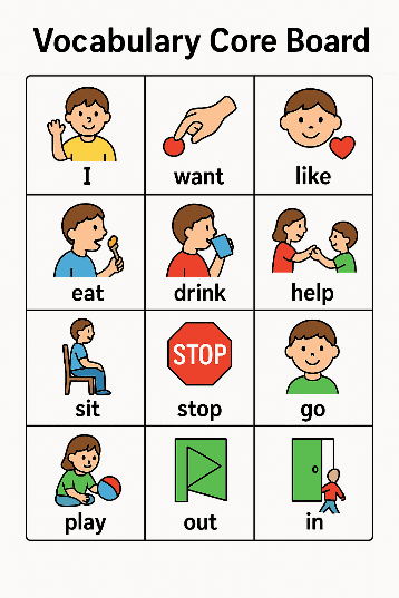 Sample of Vocabulary core board including icons and text I, want, eat, drink, out, in.