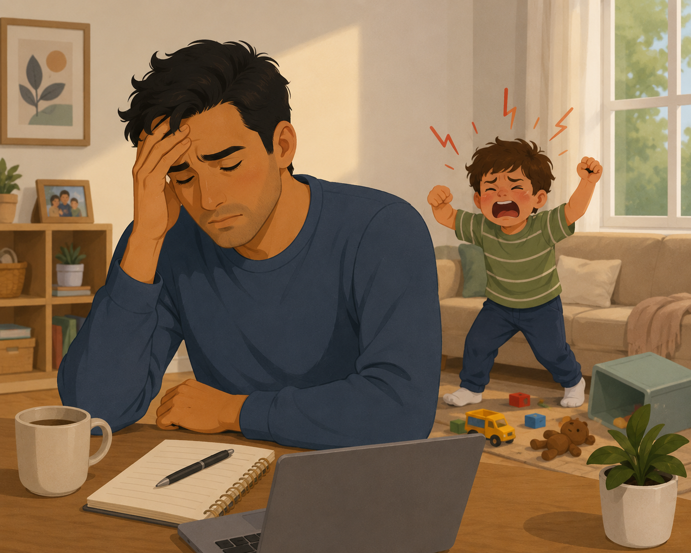 When caregiving feels heavy, practise self-compassion 2 A man looking stressed and holding his forehead and a boy throws a tantrum in the background.